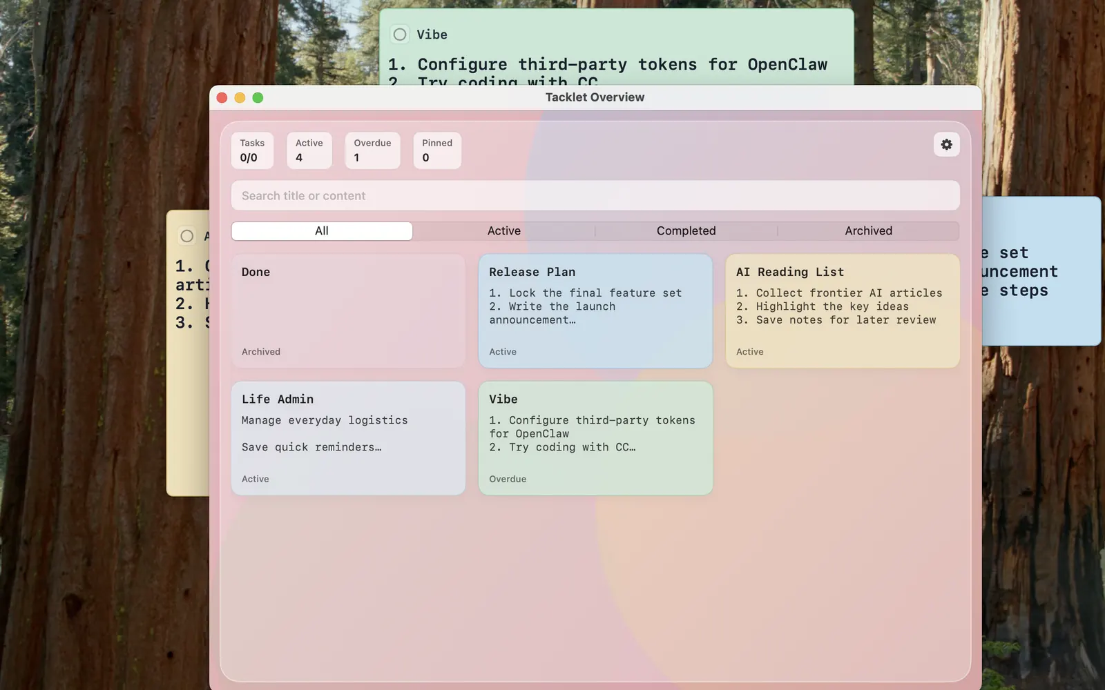 Tacklet overview window with card groups and filters